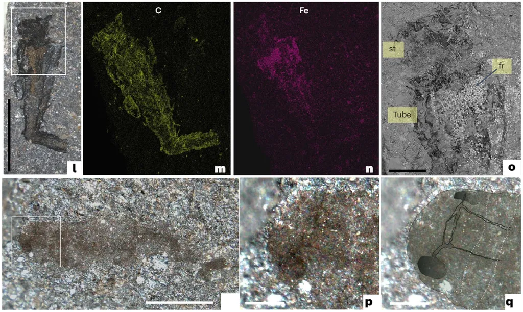 Detalhes dos fósseis do ordoviciano de Castle Bank, incluindo tecido nervoso e olhos de artrópodes desconhecidos — canto inferior direito (Imagem: Botting et al./Nature Ecology and Evolution)
