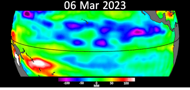 Evolução das Ondas Kelvin no Equador entre março e abril. Esta elevação no nível do oceano é um conhecido precursor do El Niño (Imagem: NASA/JPL-Caltech)