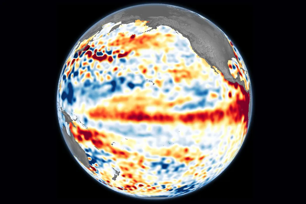 Satélites registram o surgimento do El Niño de 2023 em imagem processada pela NASA (Imagem: Lauren Dauphin/NASA/JPL-Caltech/ESA)