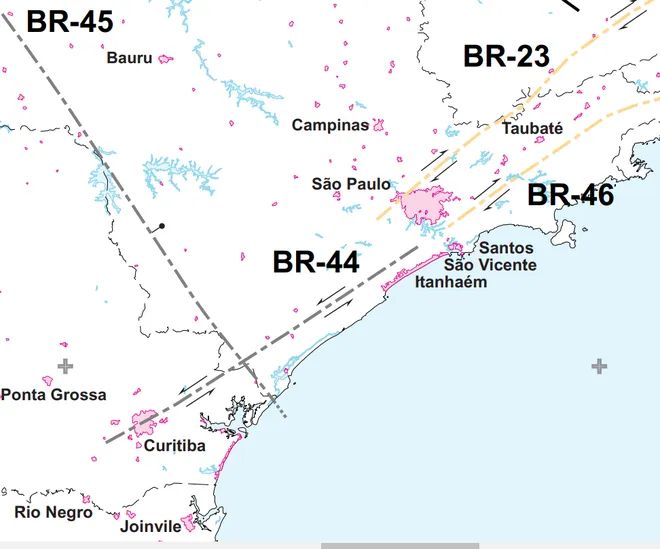 Zona de cisalhamento de Cubatão (BR-44) é a falha geológica mais próxima ao epicentro do tremor de SP nesta sexta-feira (Imagem:UFMG/USGS)