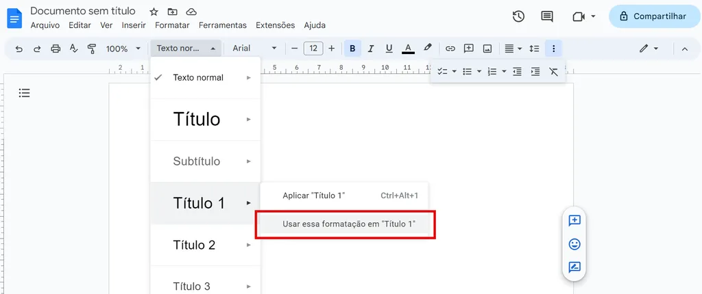 Como configurar uma formatação de estilo no Google Docs (Imagem: Captura de tela/Guilherme Haas/Canaltech)