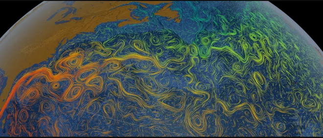 A Corrente do Golfo, que faz parte da Circulação meridional de capotamento do Atlântico, representada na imagem — um colapso, ou seja, uma parada nesse sistema impactaria nas temperaturas de todo o mundo (Imagem: NASA)