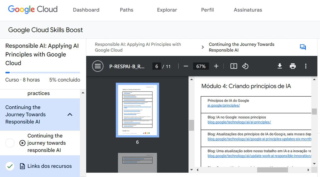 Os cursos do Google Cloud Skills Boost apresentam conteúdos em texto e links para materiais complementares (Imagem: Captura de tela/Guilherme Haas/Canaltech)