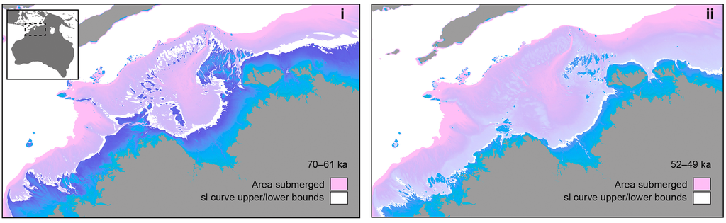À esquerda, aparência do arquipélago da Plataforma Noroeste, e, à direita, seu recuo ao longo do tempo (Imagem: Norman et al./Quaternary Science Reviews)