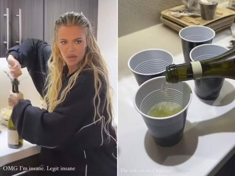 Milionária, Khloé Kardashian toma vinho em copo de plástico com amigas - 1