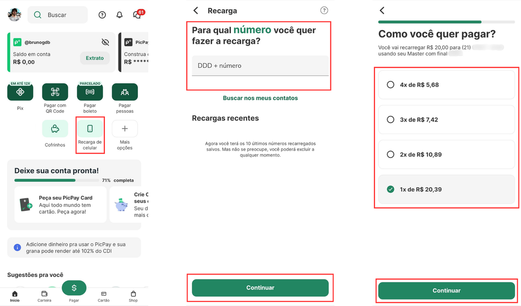 Como colocar crédito no celular pelo PicPay (Imagem: Captura de tela/Bruno De Blasi/Canaltech)