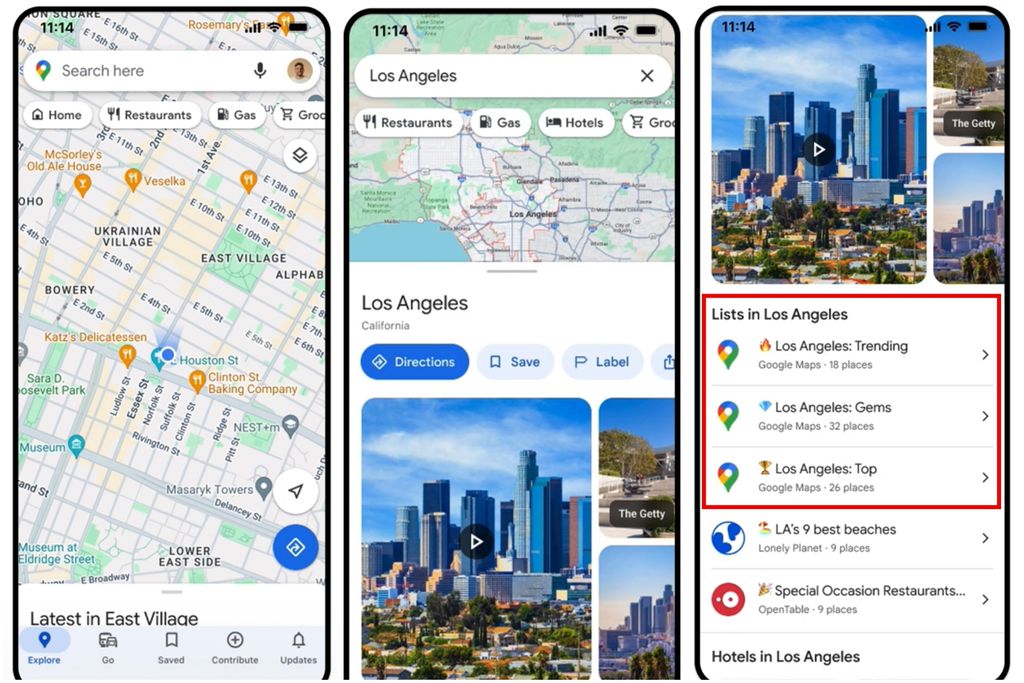 Maps vai apresentar três listas diferentes de recomendações ao pesquisar uma cidade no app (Imagem: Divulgação/Google)