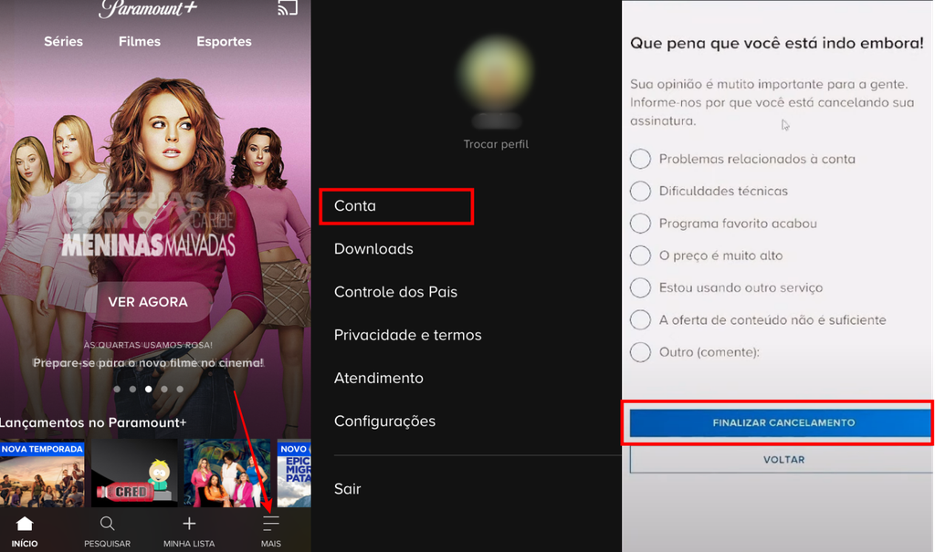 É possível cancelar uma assinatura do Paramount+ diretamente no app (Imagem: Captura de tela/Fabrício Calixto/Canaltech)