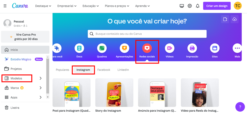 Canva possui modelos pata posts, stories e reels do Instagram (Imagem: Captura de tela/Guilherme Haas/Canaltech)