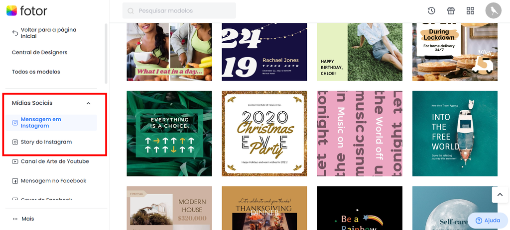 Fotor conta com templates para posts e Stories do Instagram em diferentes temas (Imagem: Captura de tela/Guilherme Haas/Canaltech)