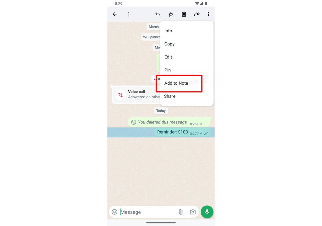 Atalho para salvar mensagens como anotações sobre os contatos está em desenvolvimento no WhatsApp (Imagem: Reprodução/WABetaInfo)
