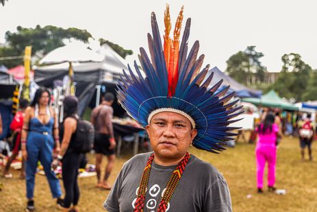 Brasília (DF), 23.04.2024 - Cacique Dário Kopenawa Yanomami fala sobre mudaça de clima em sua regiaão, no Acampamento Terra Livre 2024 Foto: Joédson Alves/Agência Brasil