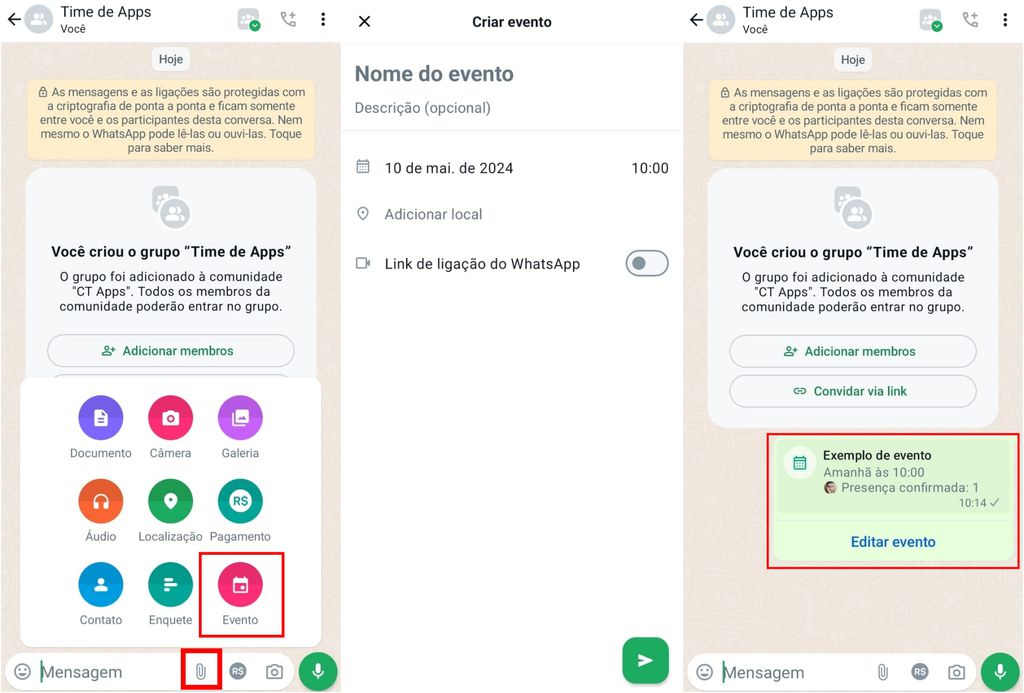 Opção de criar evento em grupos do WhatsApp (Imagem: Captura de tela/Guilherme Haas/Canaltech)