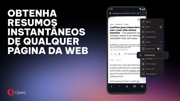 Opera ganha atalho para resumir sites com IA no Android - 1