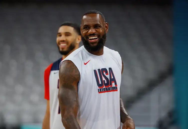 Paris 2024 Olympics - Basketball Training - Pierre Mauroy Stadium, Villeneuve-d'Ascq, France - July 24, 2024. LeBron James of the U.S. during training. REUTERS/Brian Snyder