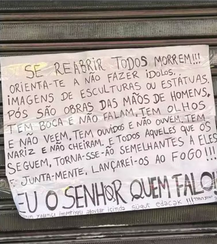 @republiqueBRA/X Loja de artigos católicos é atacada com coquetéis molotov em Fortaleza (CE): “Se reabrir, todos morrem”; na mesma madrugada, pelo menos três lojas de artigos de umbanda também foram atacadas no bairro com materiais inflamáveis. Foto: @republiqueBRA/X